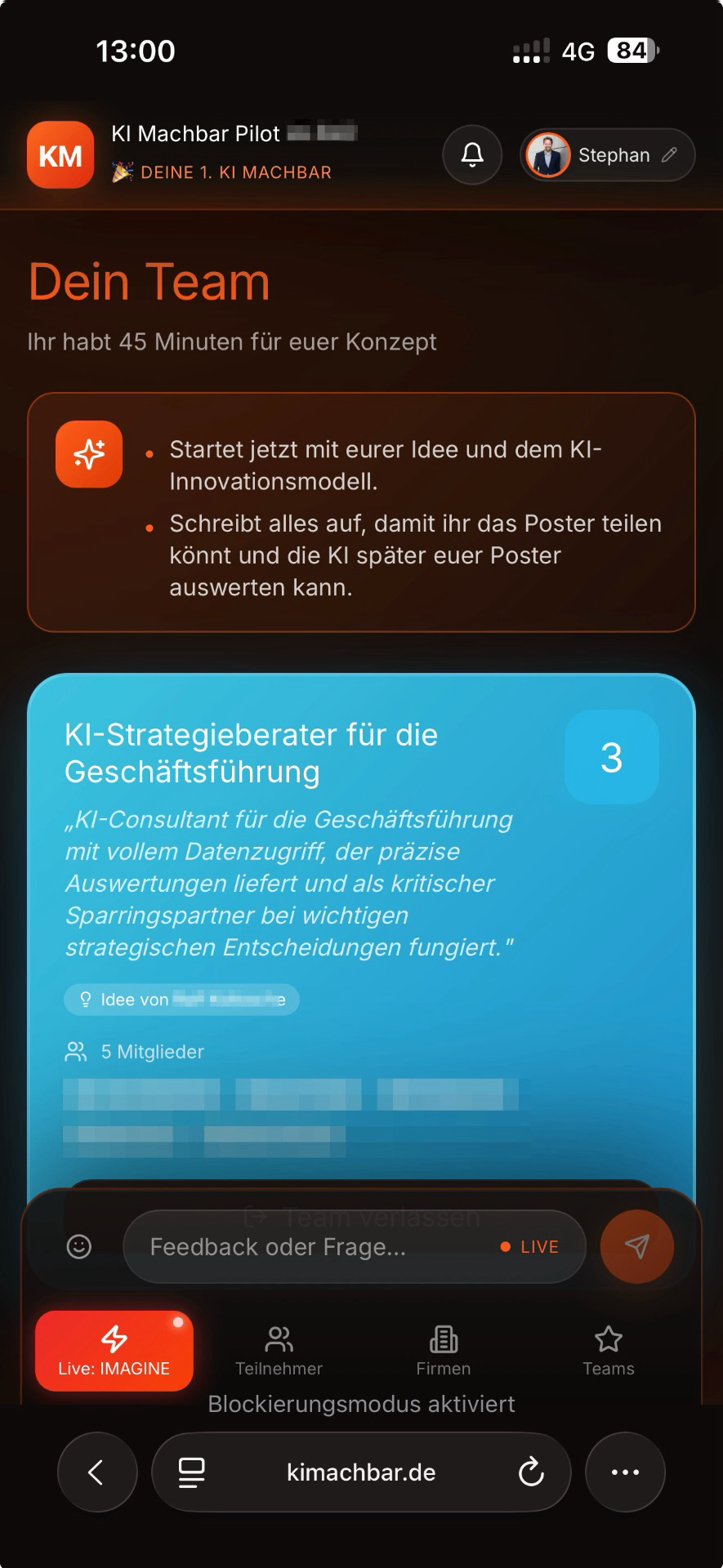 Screenshot der MACHI App: Team-Ansicht mit Thema und Mitgliedern
